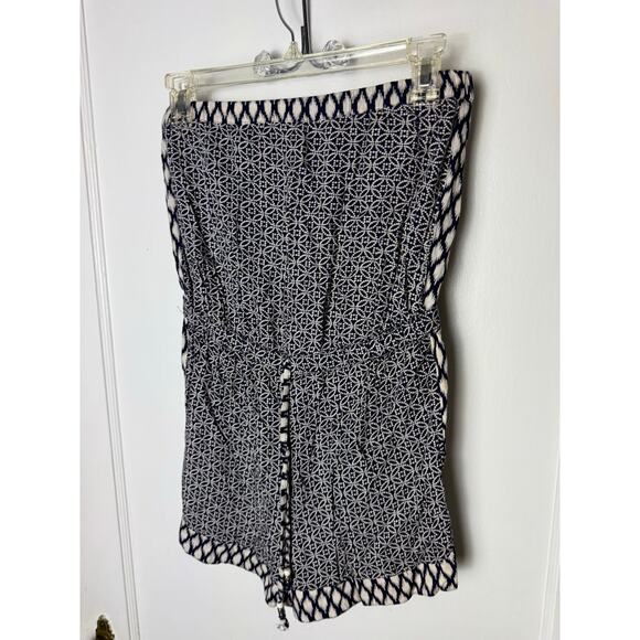 Angie Strapless Romper Women's Medium Blue White Boho Chic Pull On Strechy Knit - Picture 2 of 6